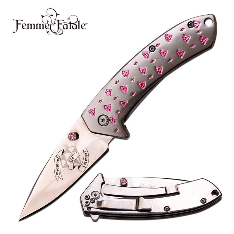 Femme Fatale 7" Pink Diamond Spring Assisted Opening Pocket Knife - Tophatter's Army Products & Self Defense Collectible Weapons - Tophatter Daily Deals